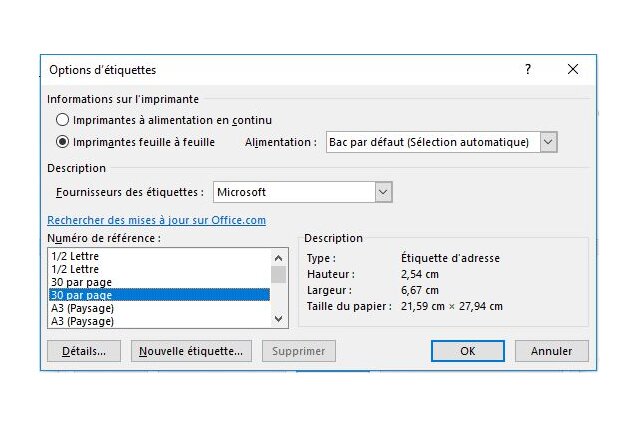 imprimer étiquette sous Word Détails