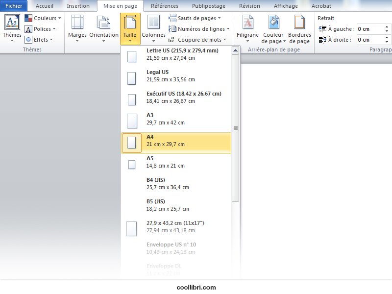 changer de format word Mise en page, taille